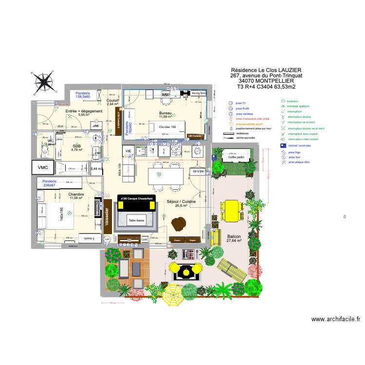 T3 C3404 _ Résidence Le Clos Lauzier 4 (cuisine 2,4m). Plan de 8 pièces et 91 m2