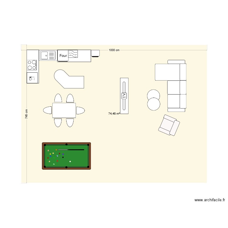 salon maison los angeles. Plan de 1 pièce et 74 m2