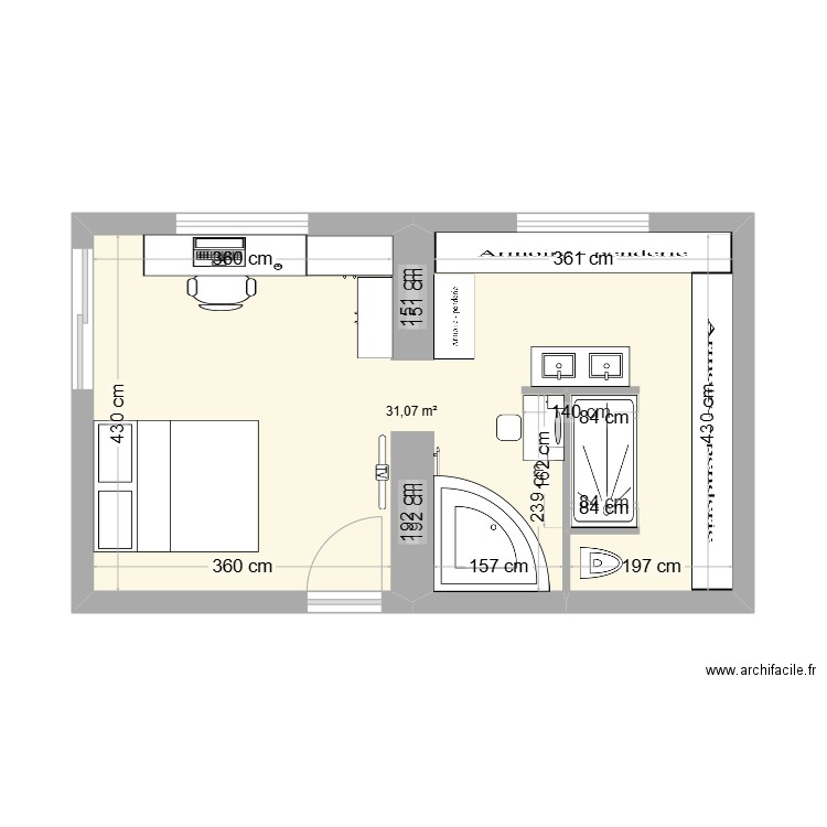 suite parentale. Plan de 1 pièce et 31 m2