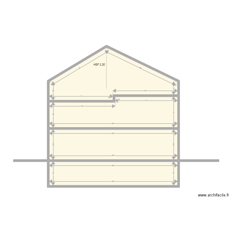 Modèle coupe Cave rez 1e grenier avec diff hsp. Plan de 4 pièces et 83 m2