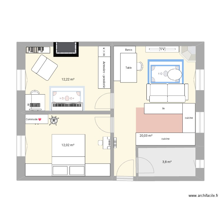 Casina 3. Plan de 4 pièces et 48 m2