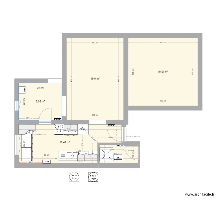 AMENAGEMENT CUISINE. Plan de 5 pièces et 54 m2