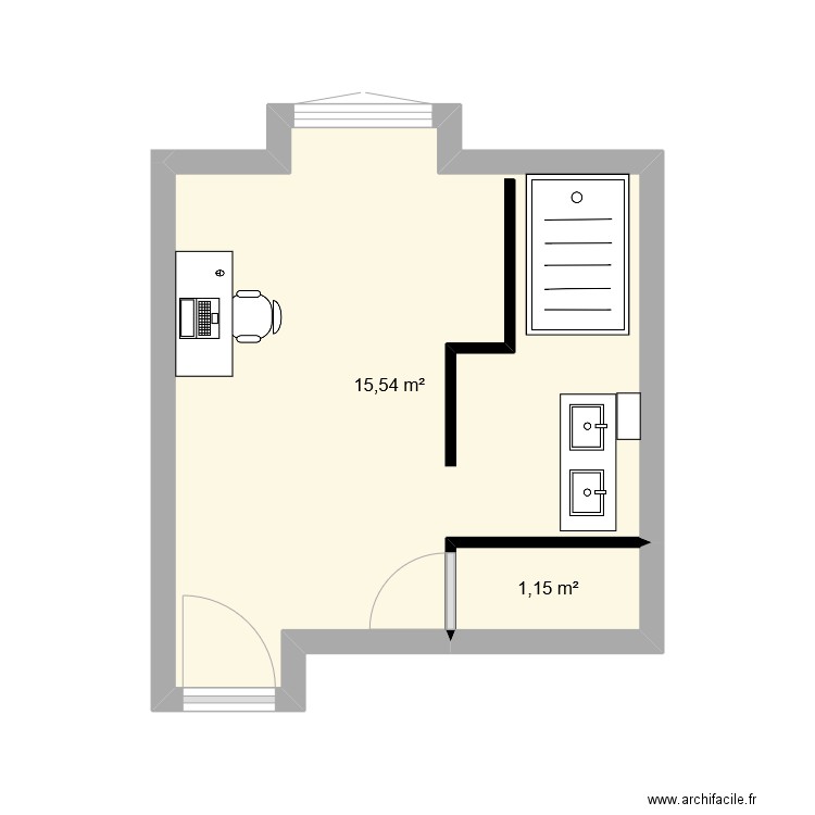 SDB bureau Viri. Plan de 2 pièces et 17 m2