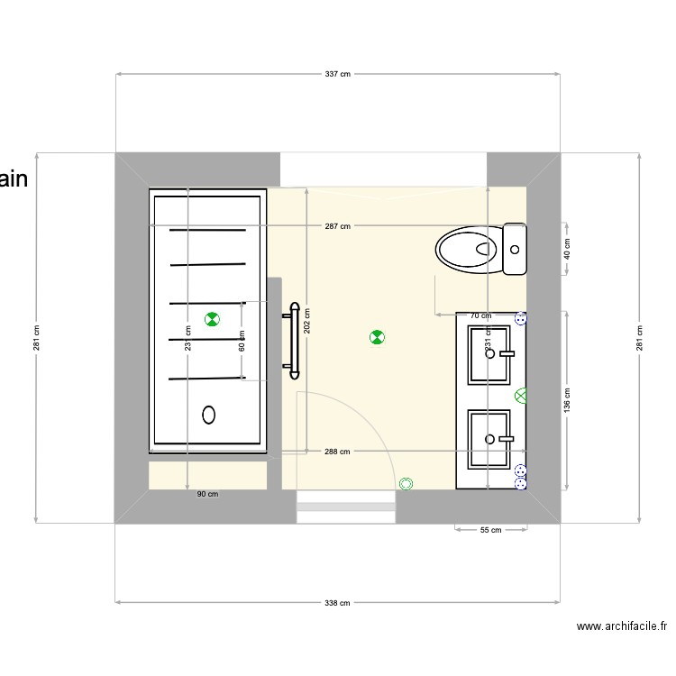 salle de bain N2. Plan de 1 pièce et 7 m2