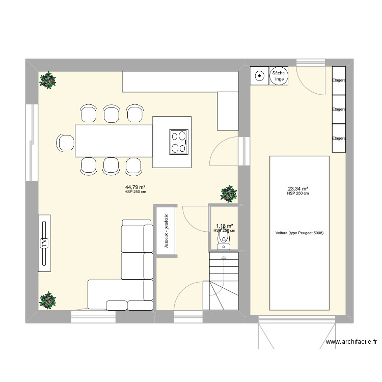 Plan RDC. Plan de 3 pièces et 69 m2