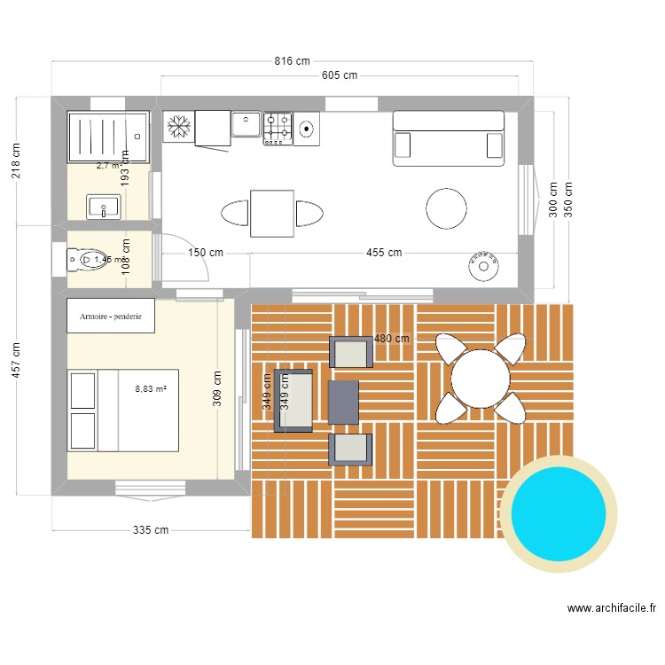 chalet jardin en L. Plan de 3 pièces et 13 m2