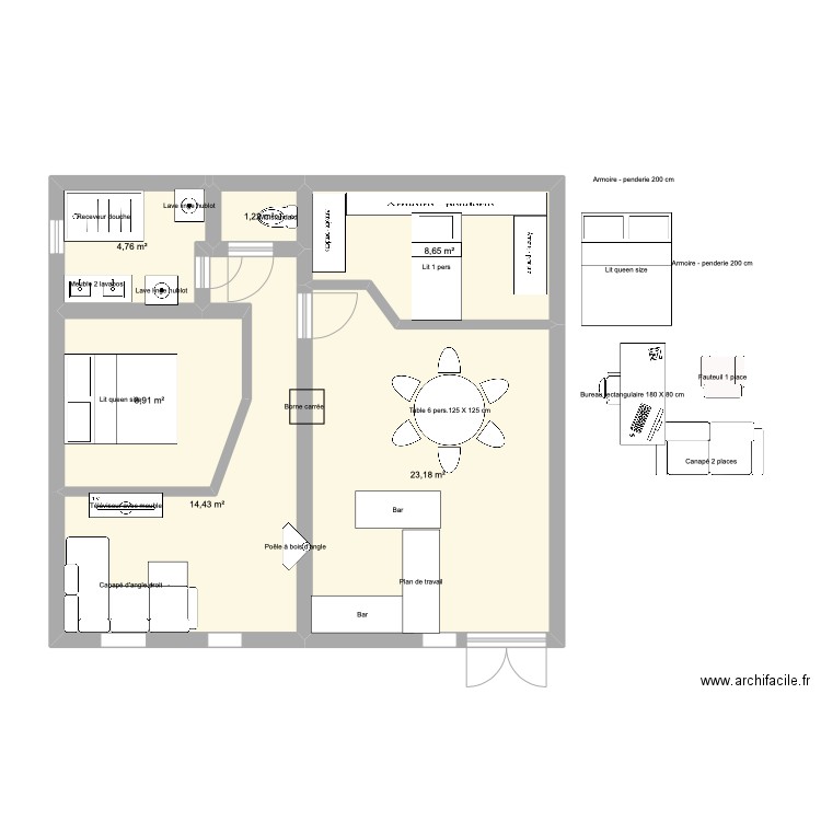 grange . Plan de 6 pièces et 61 m2