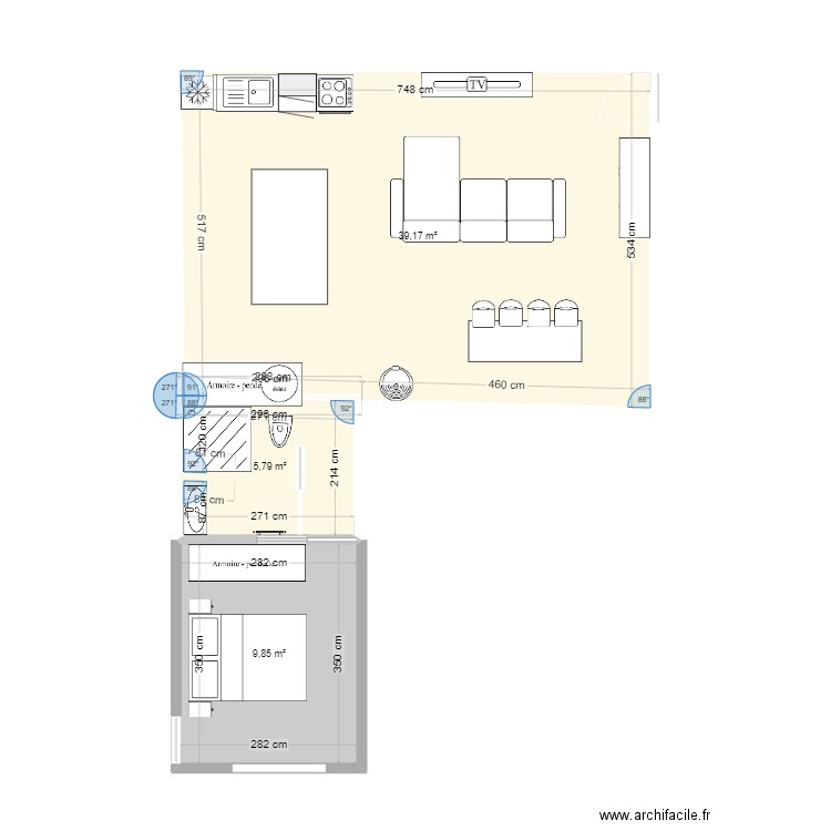 STUDIO. Plan de 3 pièces et 55 m2