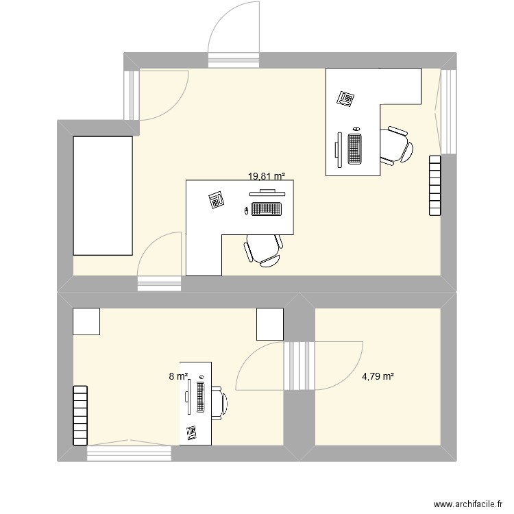 Bureau 1. Plan de 3 pièces et 33 m2