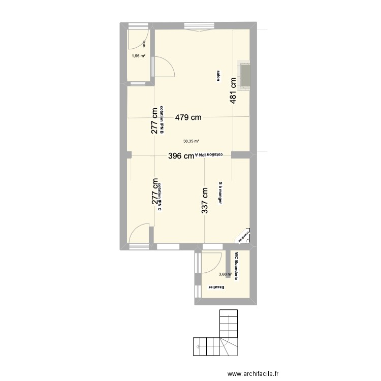 Projet RdC Vue intérieure générale pour édition . Plan de 3 pièces et 44 m2