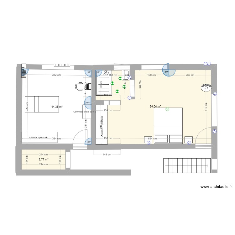 agrandissement terrasse étage. Plan de 3 pièces et 44 m2