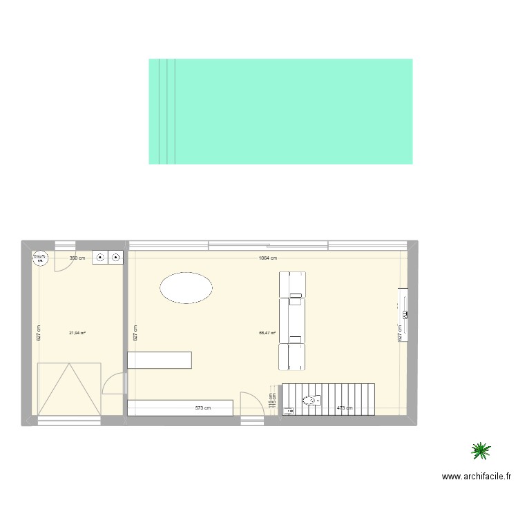 RDC 7x15m. Plan de 2 pièces et 88 m2