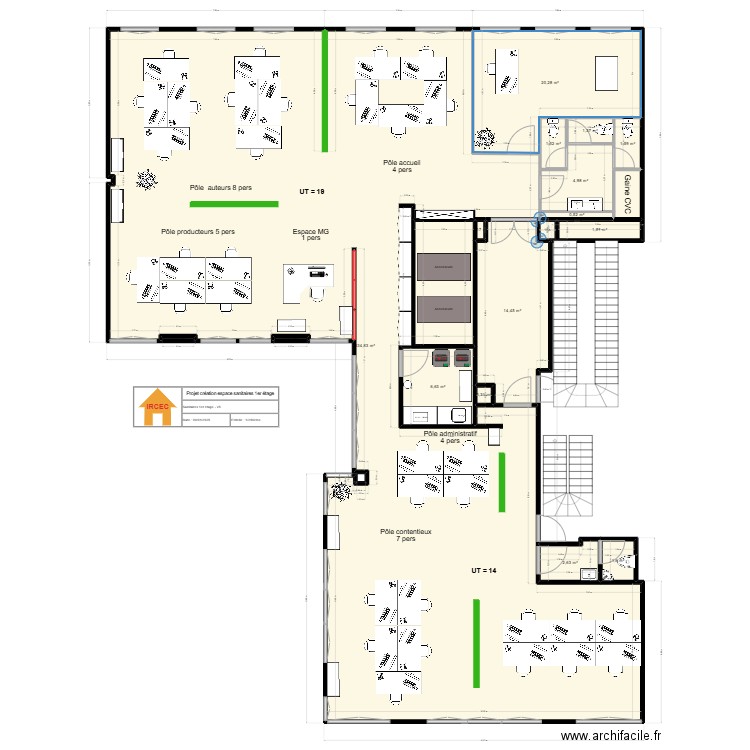 Plan 1 étage-sanitaires côté cour. V5. Plan de 17 pièces et 294 m2