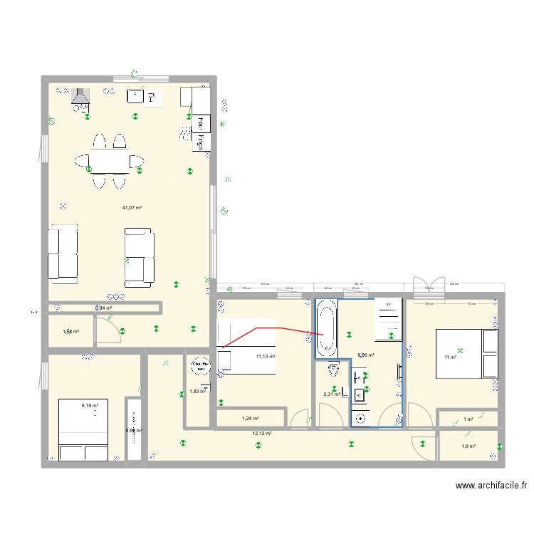 Chantier 211. Plan de 14 pièces et 105 m2