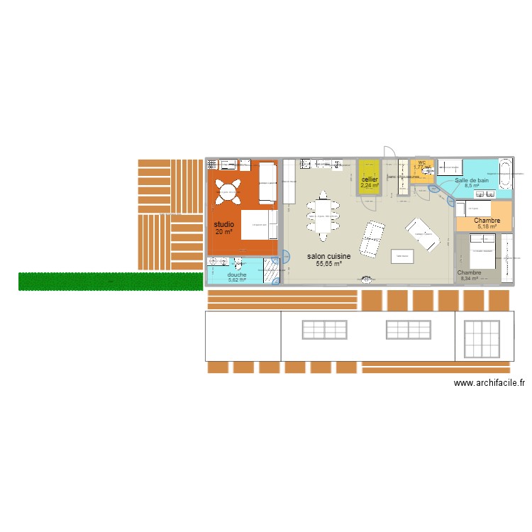 chalet bois. Plan de 8 pièces et 107 m2