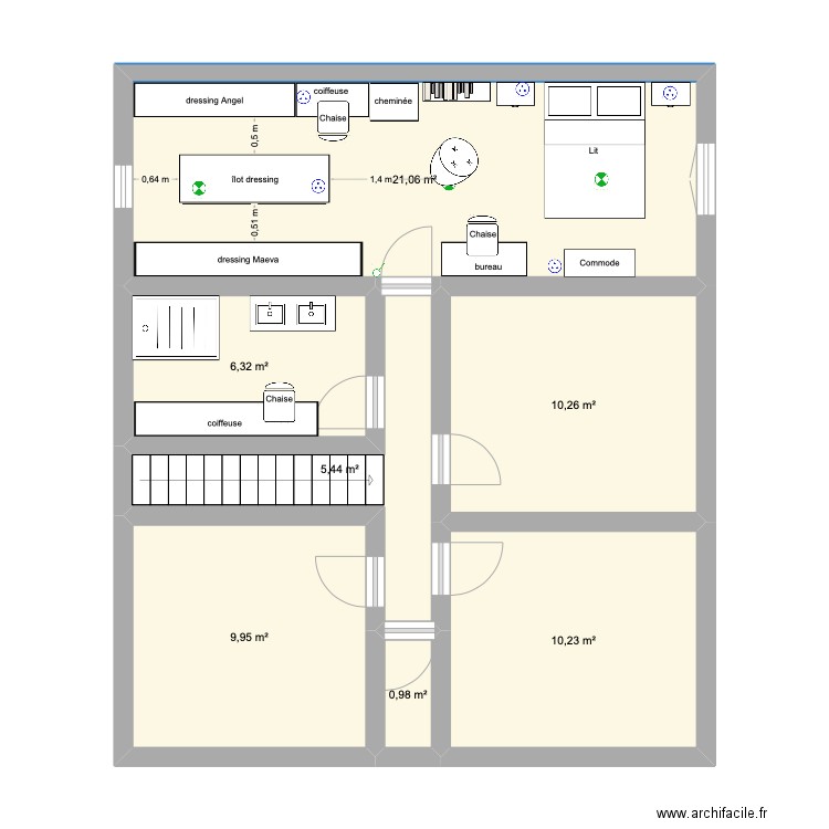 chambre. Plan de 7 pièces et 64 m2