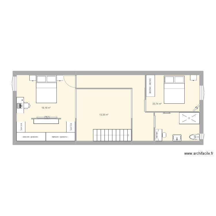 CLOE loft haut. Plan de 3 pièces et 55 m2