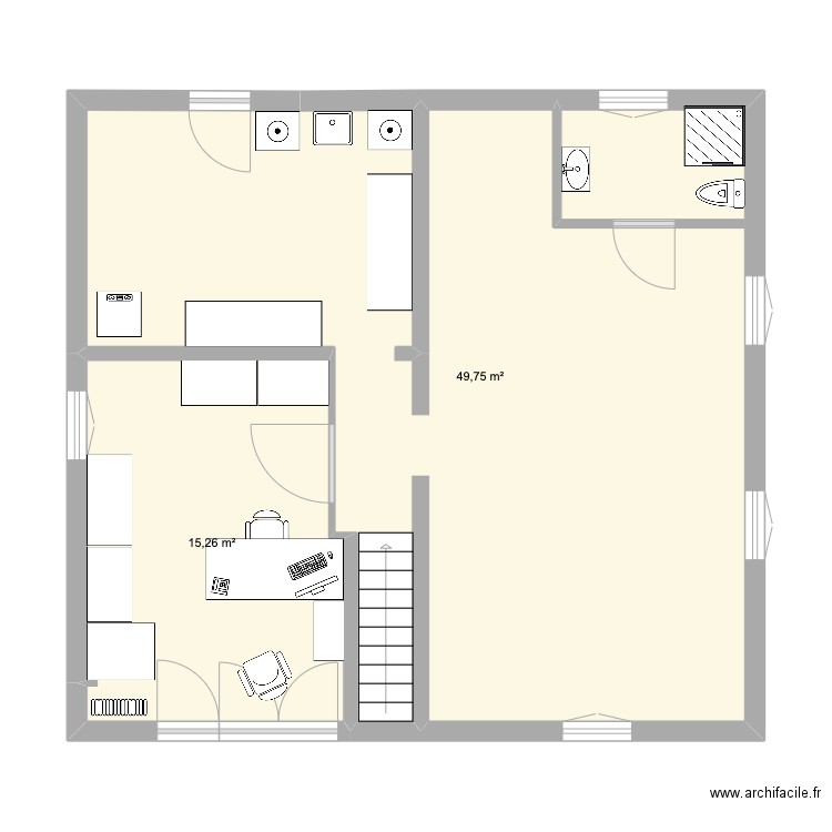 Rdc. Plan de 2 pièces et 65 m2