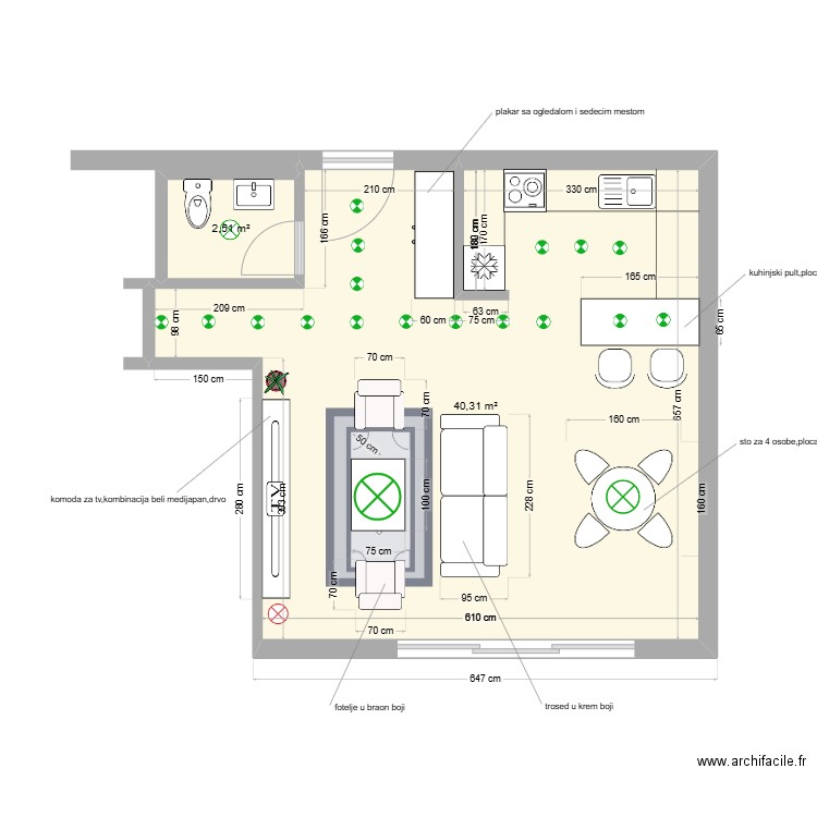 Zadatak br.2,dnevni boravak sa trpezarijom. Plan de 2 pièces et 43 m2