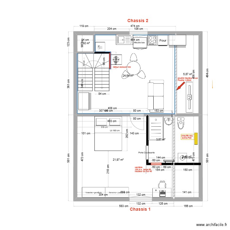 immeuble1 3ème V3 T2 . Plan de 6 pièces et 64 m2