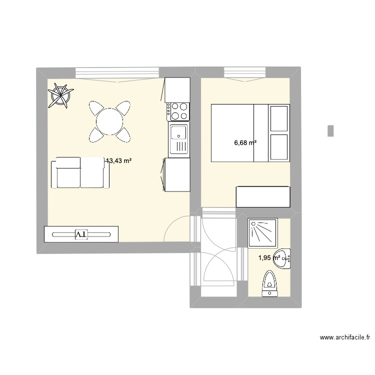 Béguines 1er étage gauche. Plan de 3 pièces et 22 m2