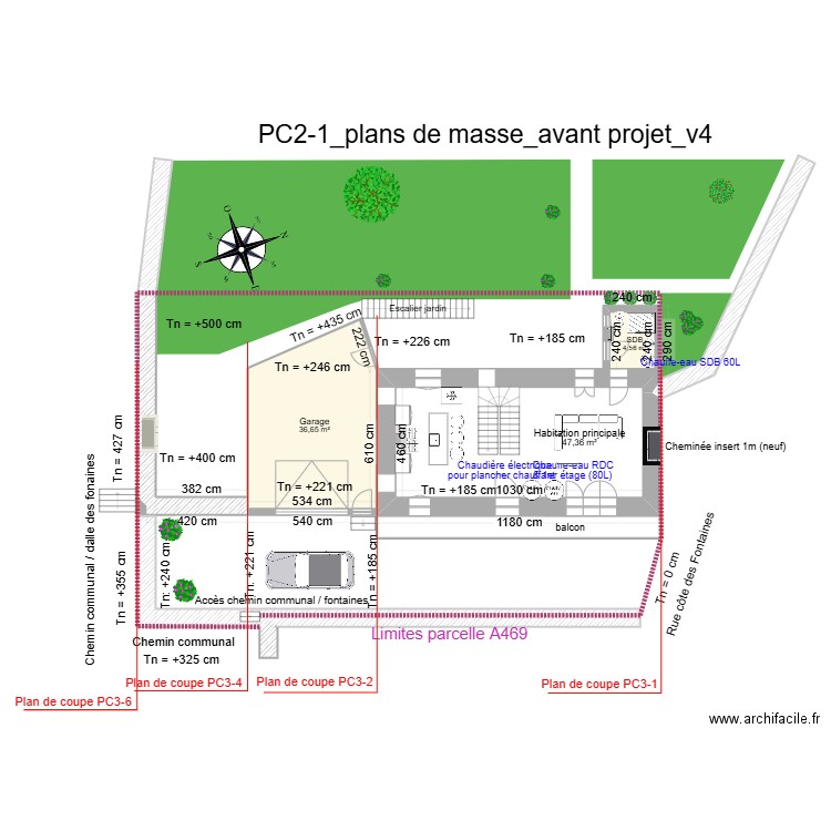 A1-2_toiture à démolir en rouge_v4. Plan de 14 pièces et 210 m2