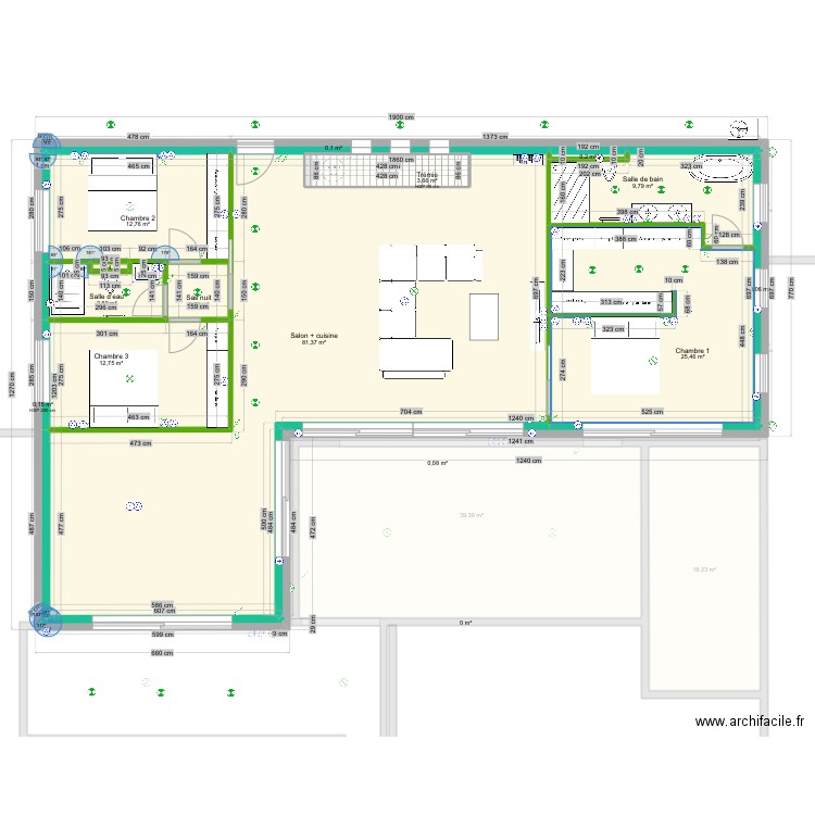 Plan cloisonnement variante dressing master. Plan de 25 pièces et 375 m2