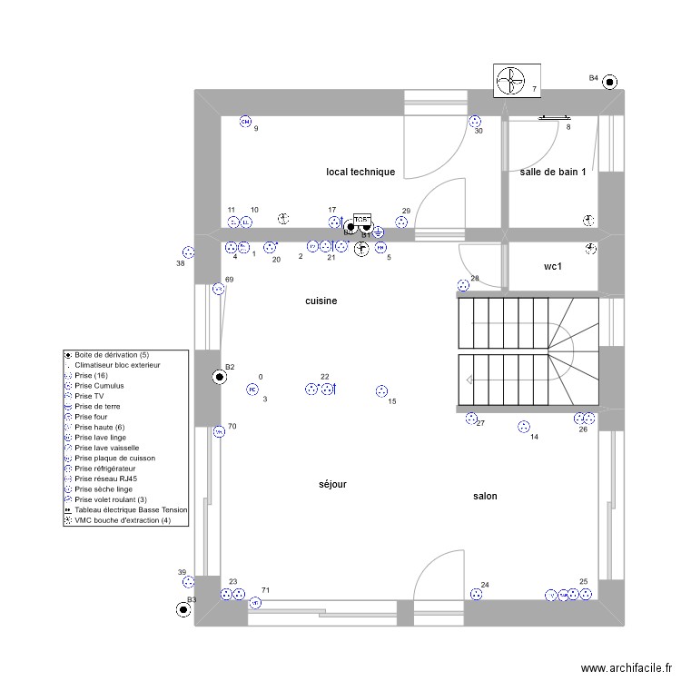 chalet zinc Rdc prise de courant. Plan de 4 pièces et 44 m2