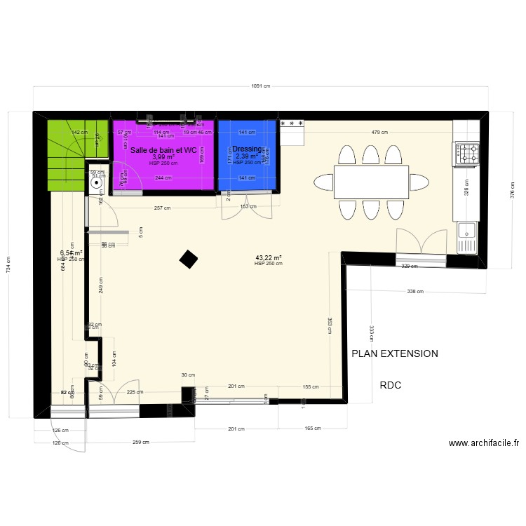 RDC FINAL AVEC COULOIR MEUBLE 3. Plan de 6 pièces et 56 m2