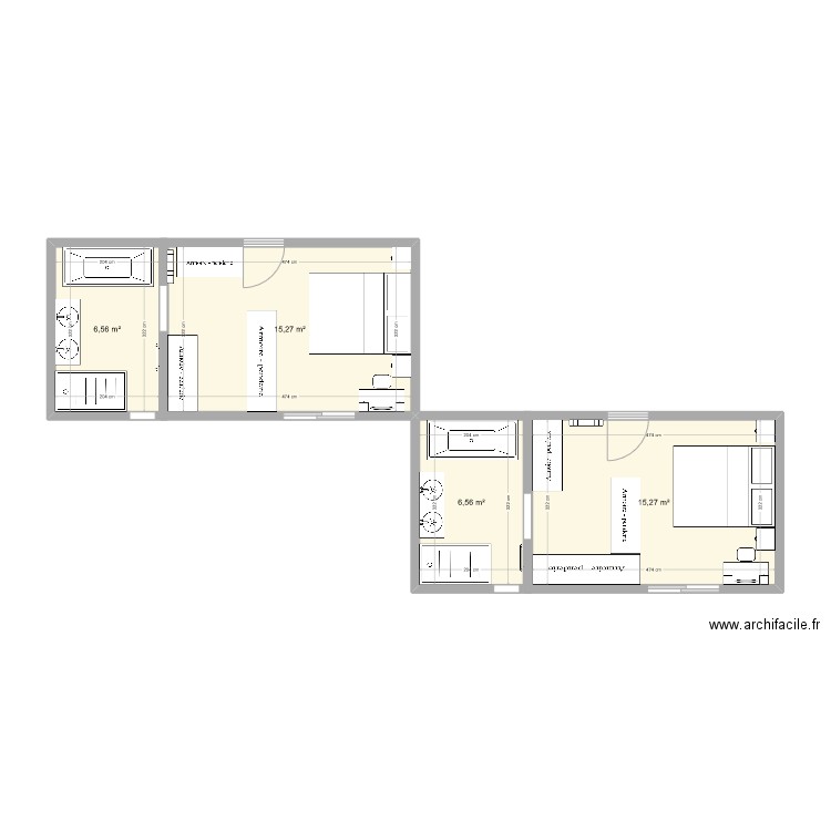 Chambre. Plan de 4 pièces et 44 m2