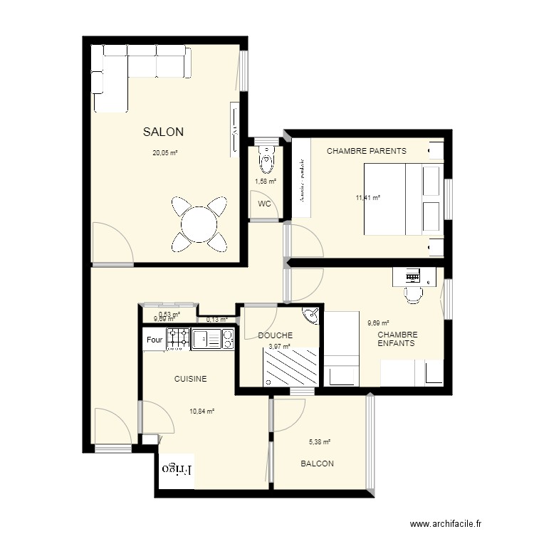 SEMROUNI BON AVEC COTES. Plan de 10 pièces et 73 m2