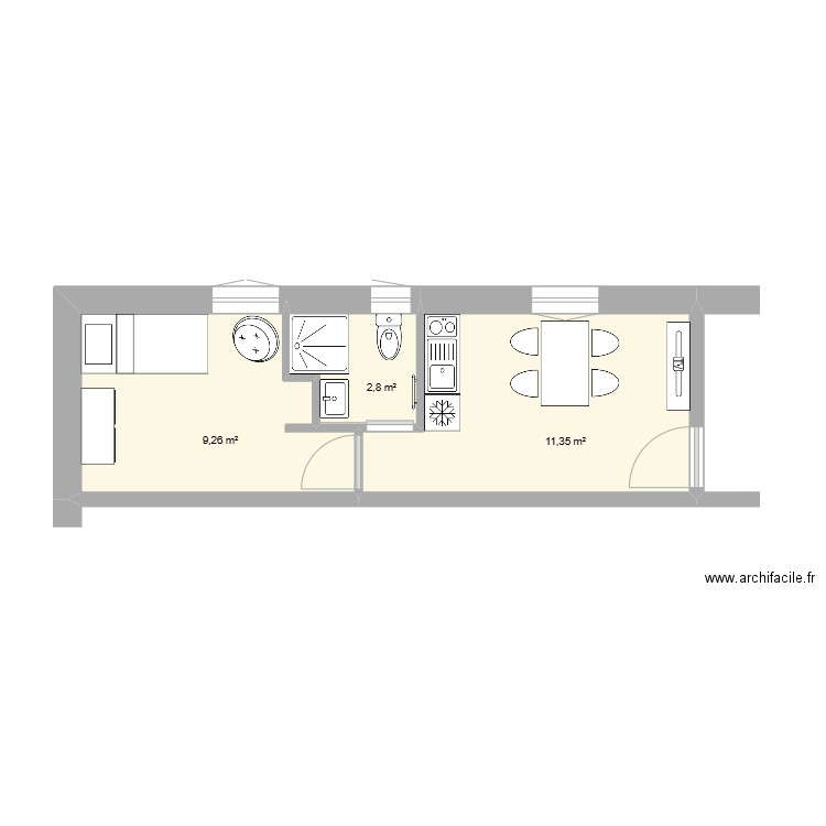 Studio 1. Plan de 3 pièces et 23 m2