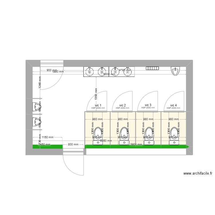 sanitaire. Plan de 4 pièces et 5 m2