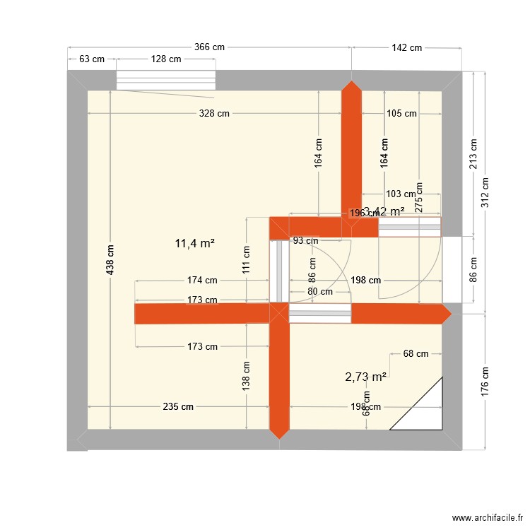 SDB. Plan de 3 pièces et 18 m2