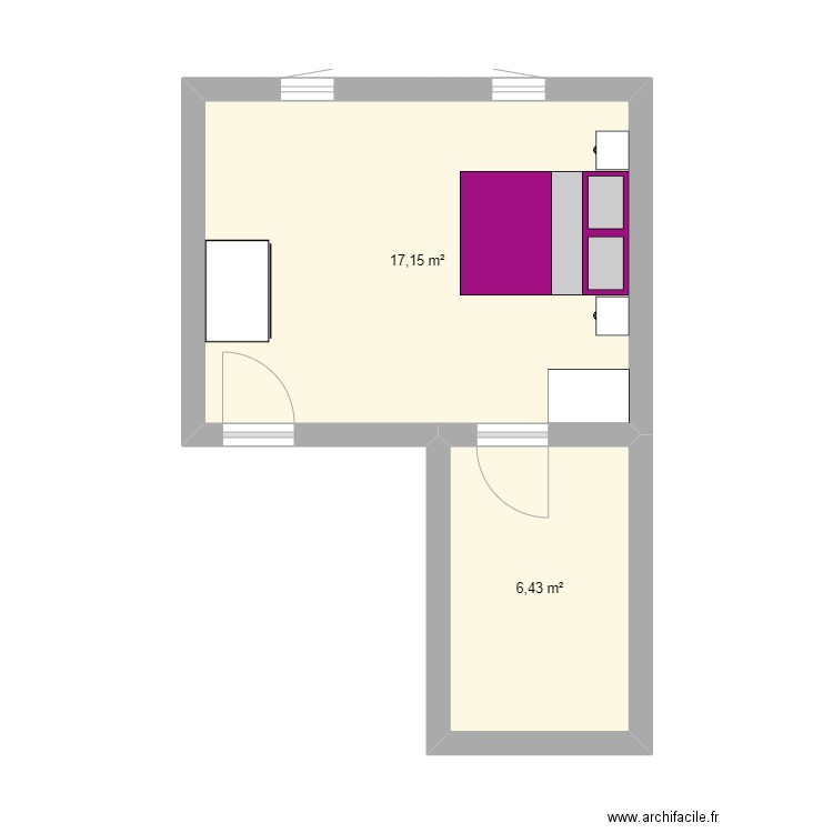 Chambre. Plan de 2 pièces et 24 m2