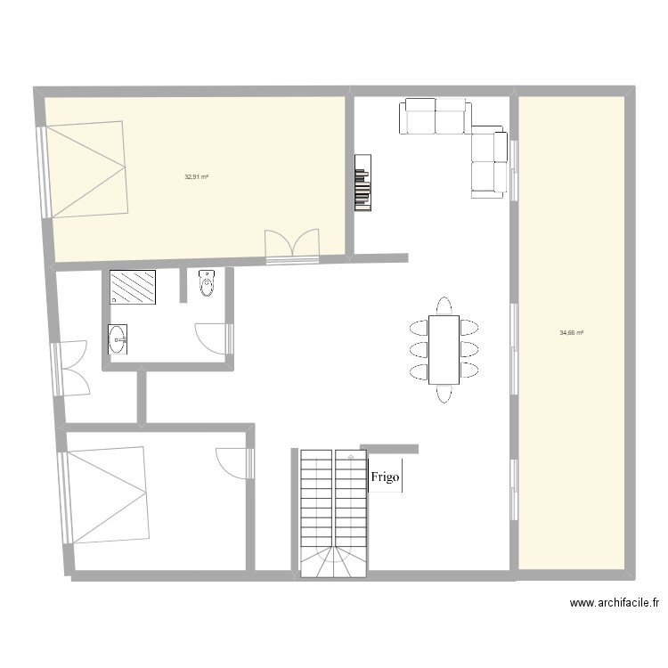 Plan de rez de chaussée. Plan de 2 pièces et 68 m2