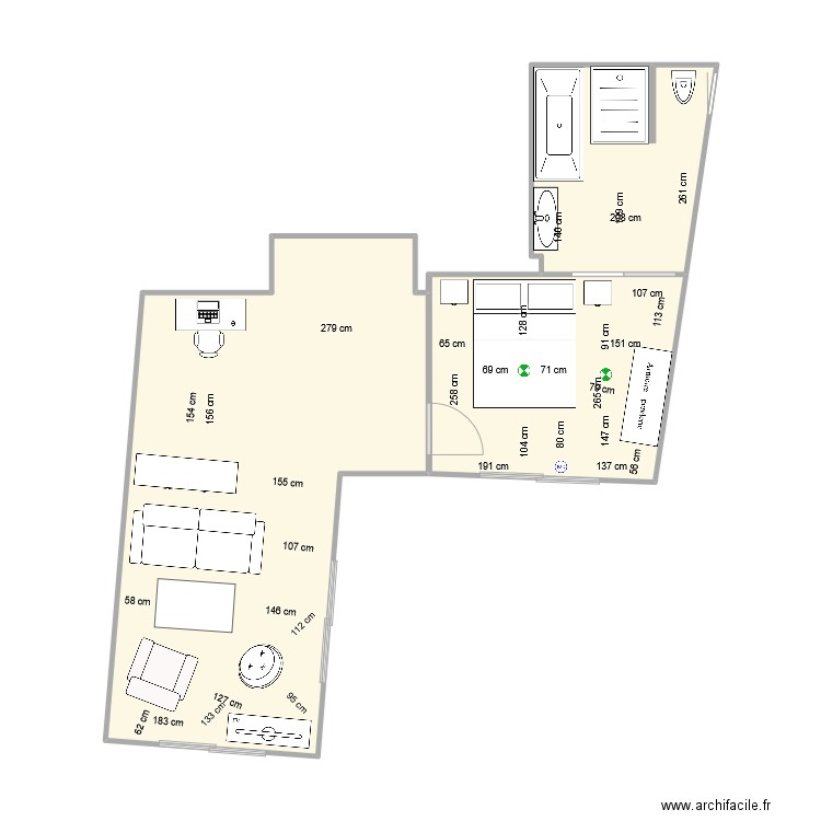 Extension. Plan de 3 pièces et 48 m2