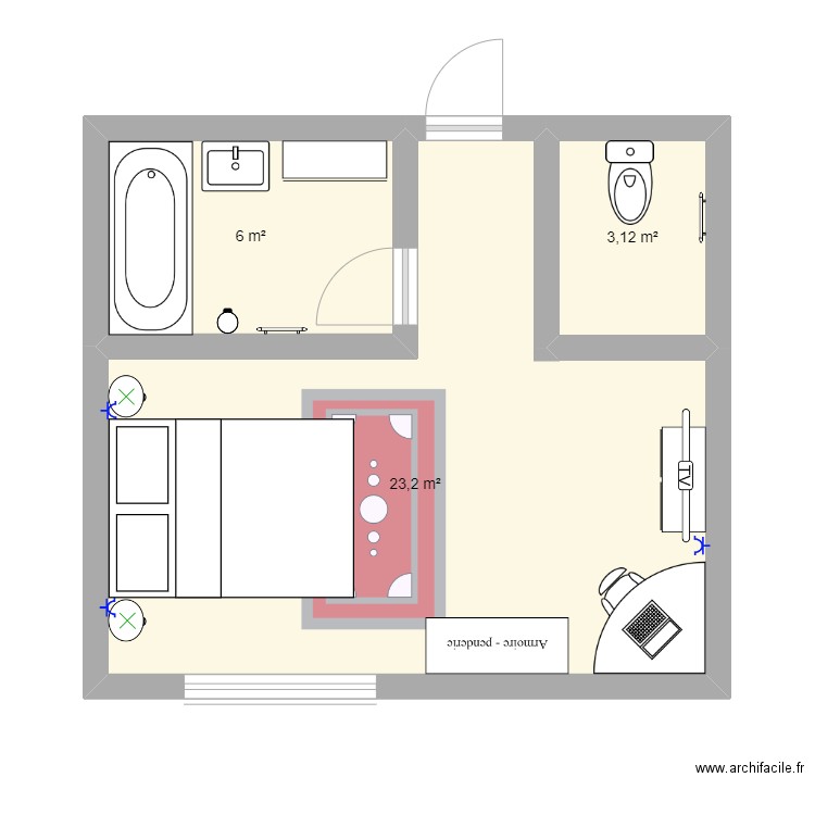 chambre. Plan de 3 pièces et 32 m2