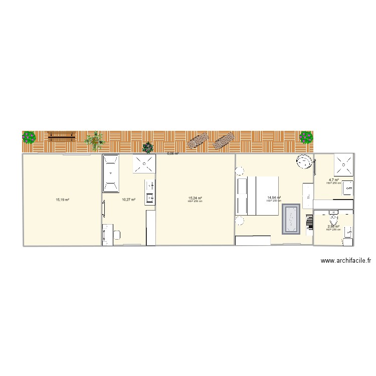 Chambre et slle de bain. Plan de 7 pièces et 63 m2