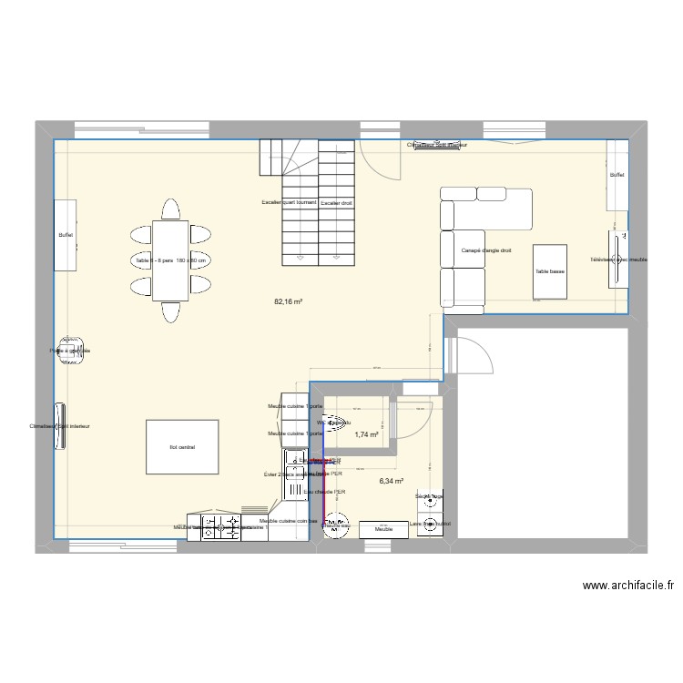 RDC. Plan de 3 pièces et 90 m2