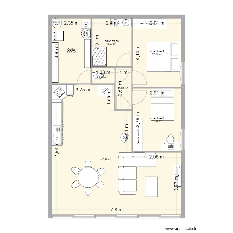 Fêche. Plan de 7 pièces et 90 m2