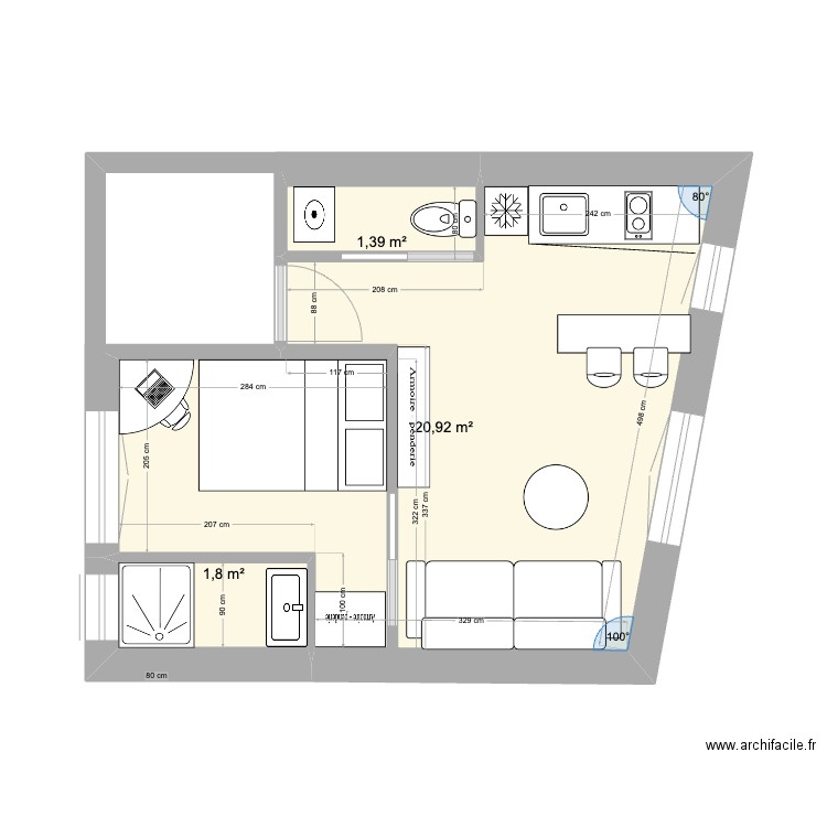 Imm A - appartement version B. Plan de 3 pièces et 24 m2