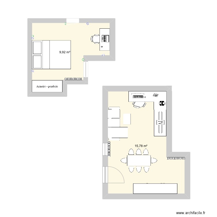 Ma chambre + le salon . Plan de 2 pièces et 26 m2