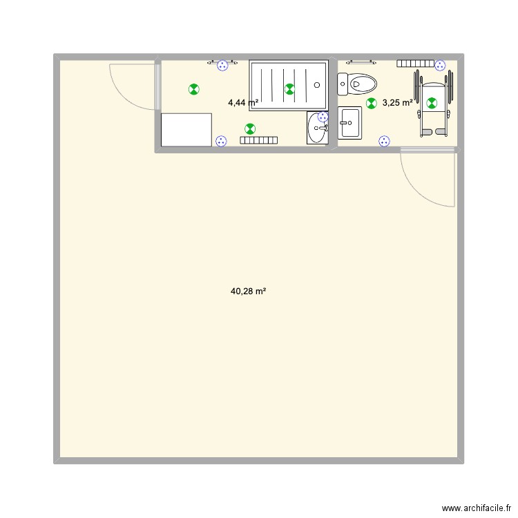 SANITAIRES RDC. Plan de 3 pièces et 48 m2