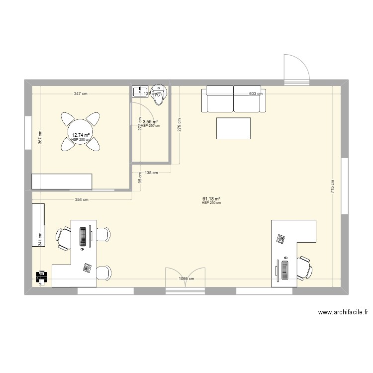 Bureau Adiroc 2. Plan de 3 pièces et 77 m2