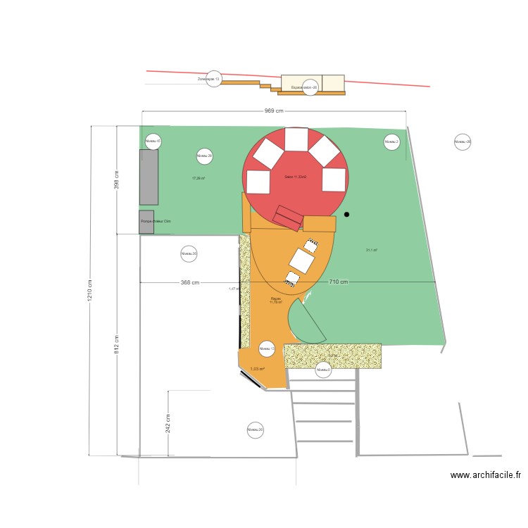 salon solution arrondi. Plan de 1 pièce et 1 m2