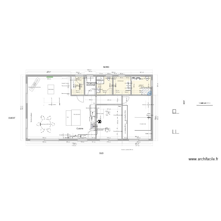 Maison 1 niveau 15.4 x 8.0 m 2 chambres est. Plan de 3 pièces et 18 m2