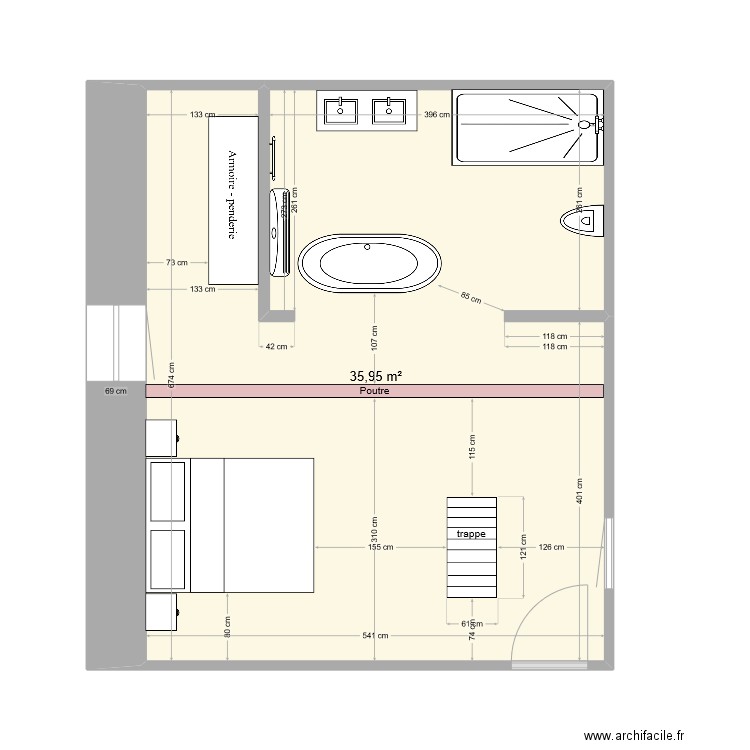 chambre . Plan de 1 pièce et 36 m2