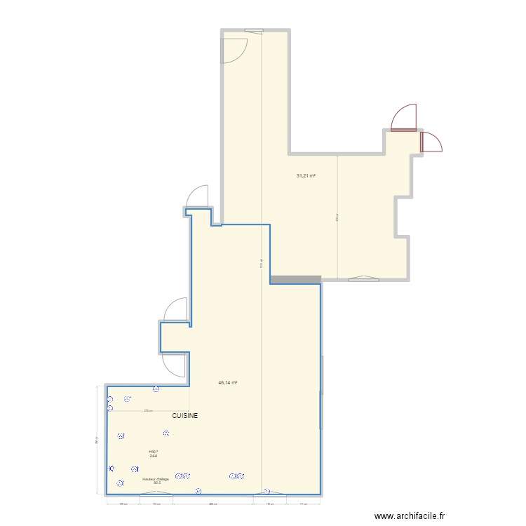 piece de vie Villevieux cuisine. Plan de 2 pièces et 77 m2