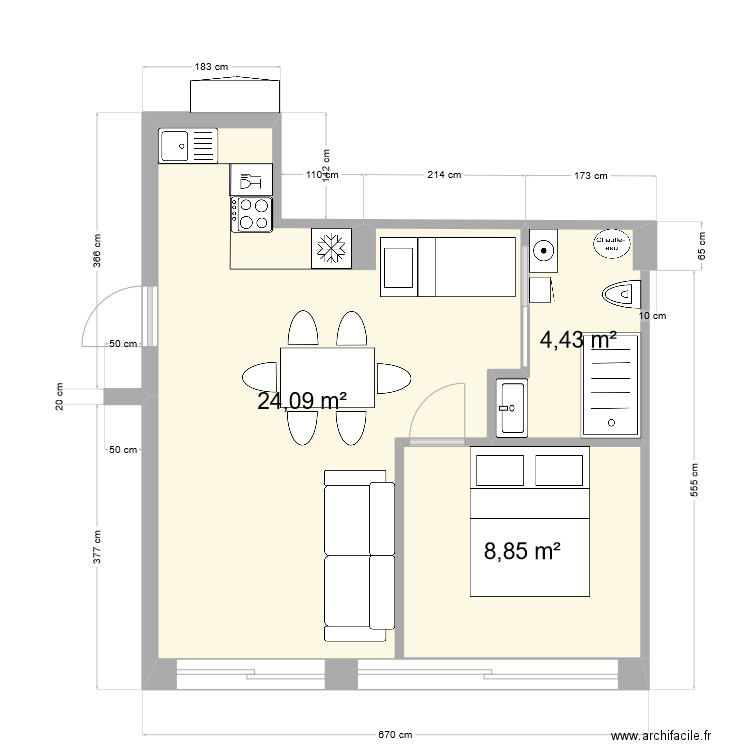 Studio. Plan de 3 pièces et 37 m2